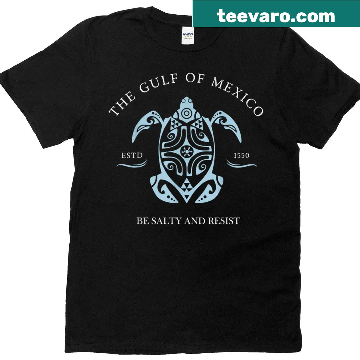 Playful turtle-themed t-shirt with 'Be Salty and Resist' text — on a men's t-shirt