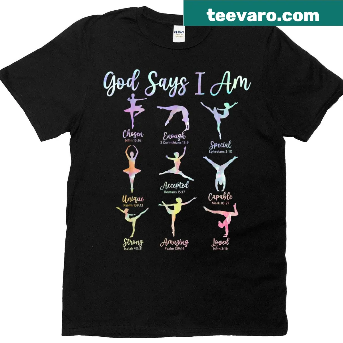 Gymnast graphic paired with an inspirational religious message on t-shirt. — on a men's t-shirt
