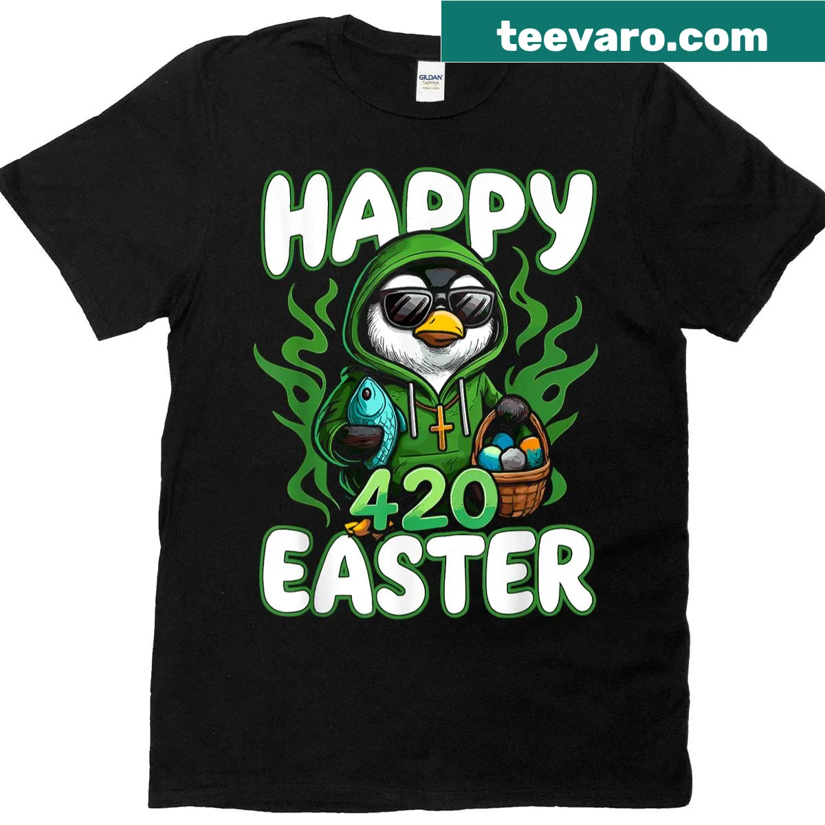 Cute Easter penguin t-shirt with fish graphic — on a men's t-shirt
