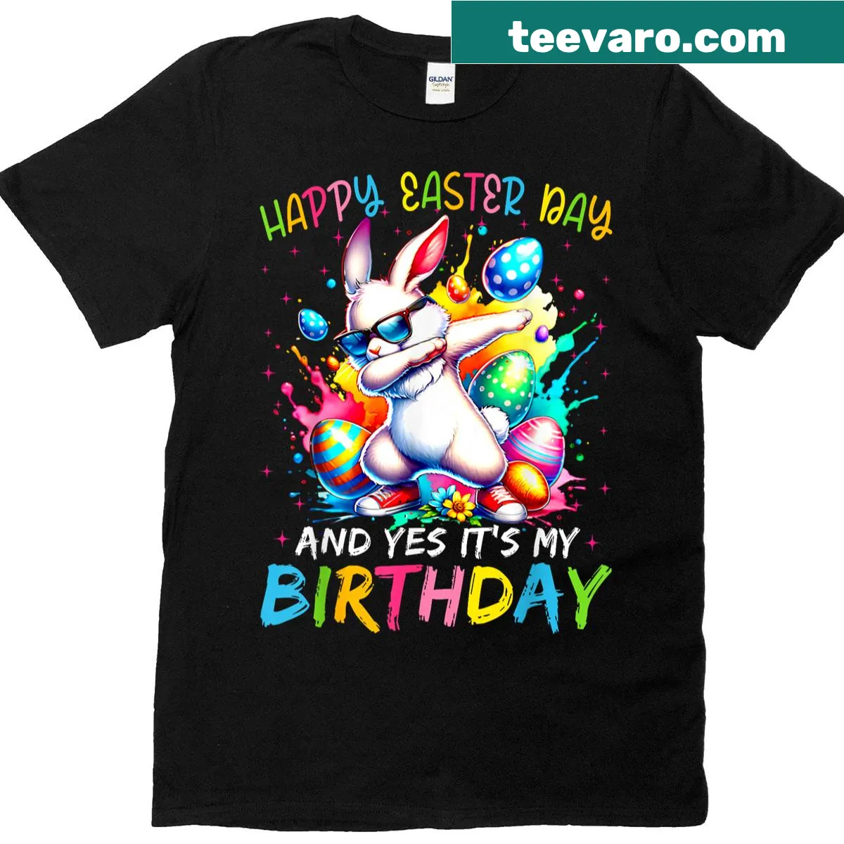 Illustration of a bunny in a truck for Easter birthday T-shirt. — on a men's t-shirt