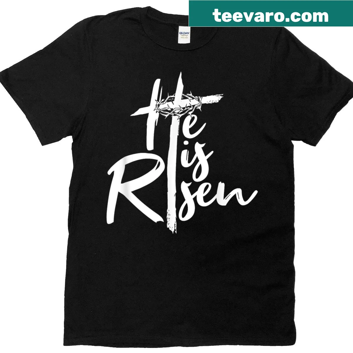 Easter t-shirt featuring 'He Is Risen' message and cross design — on a men's t-shirt
