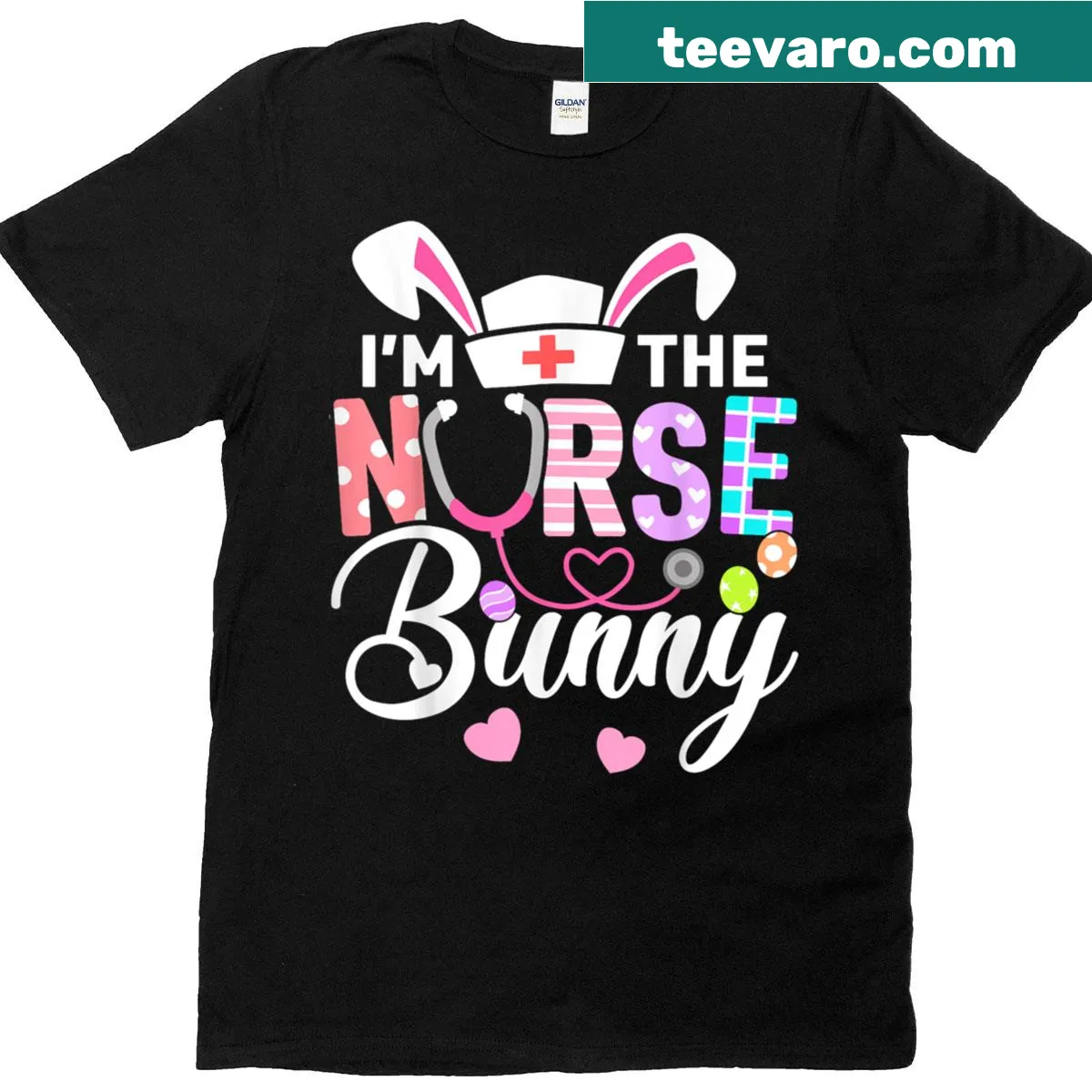 Nurse bunny with rabbit ears and Easter eggs design on t-shirt. — on a men's t-shirt