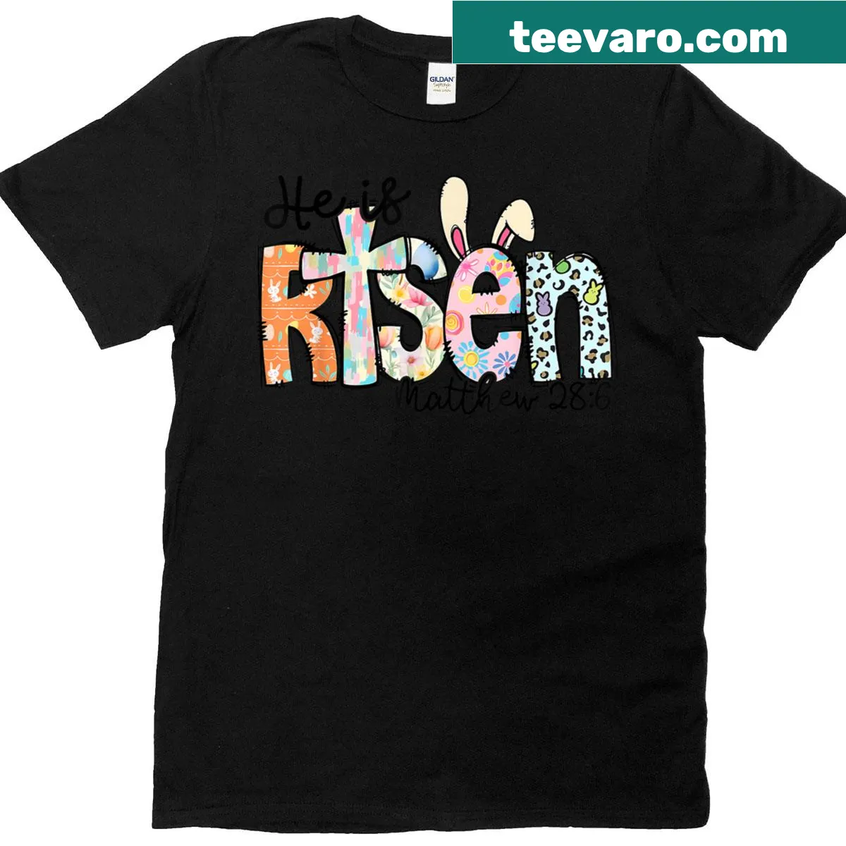 Happy Easter T-shirt for women and girls with ‘He Is Risen’ message. — on a men's t-shirt