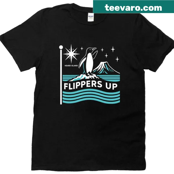 Cartoon penguin T-shirt with 'Flippers Up' phrase