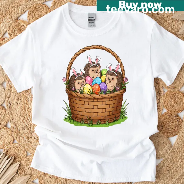 Easter t-shirt featuring a hedgehog and bunny with an Easter basket