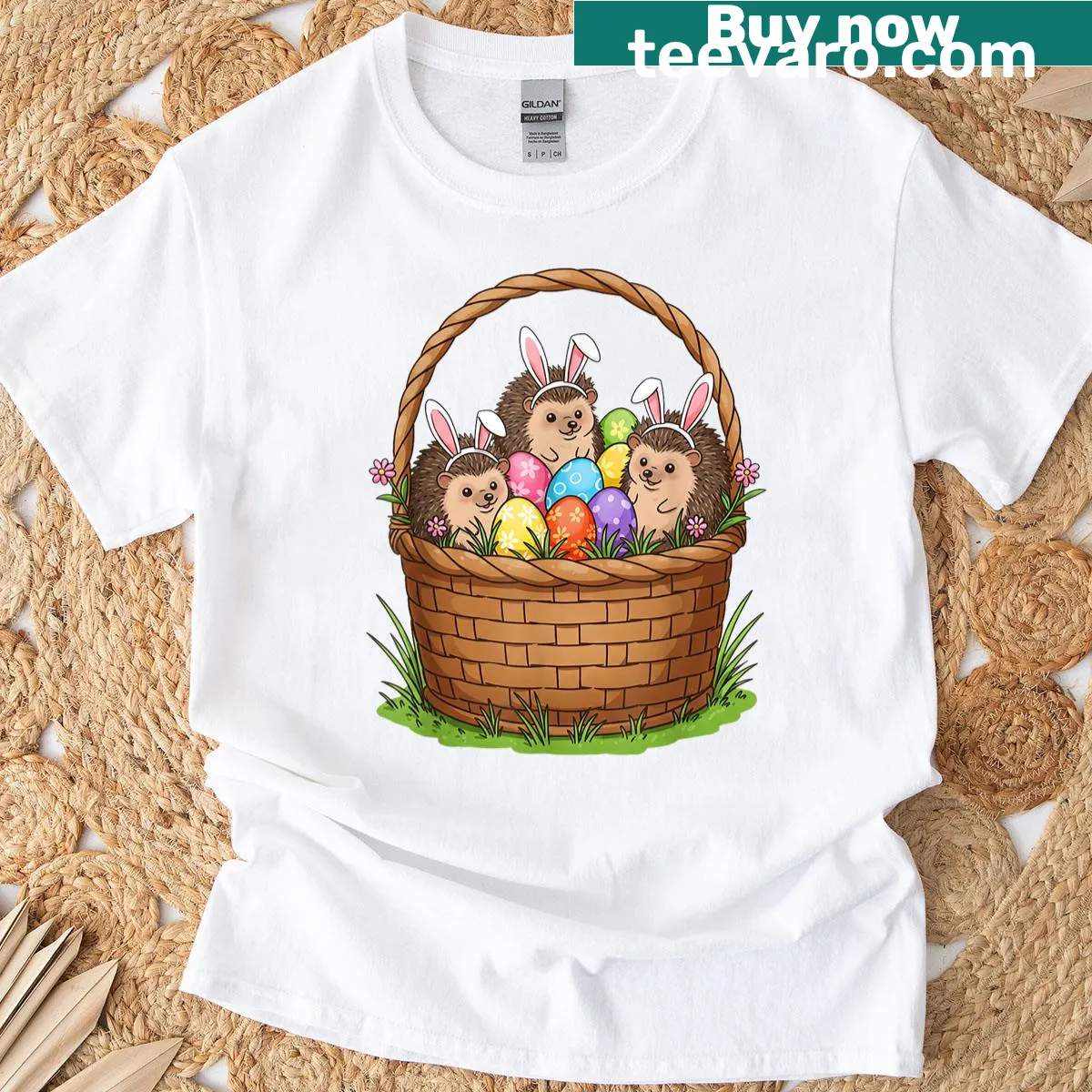 Easter t-shirt featuring a hedgehog and bunny with an Easter basket — on a men's t-shirt