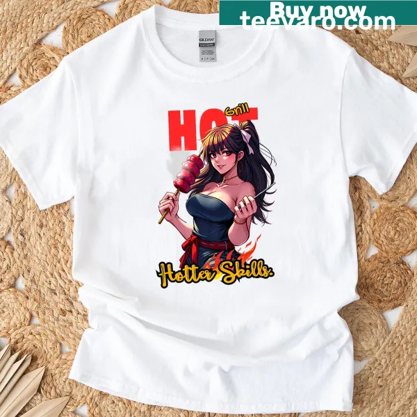 Cute anime girl grilling graphic on humorous T-shirt