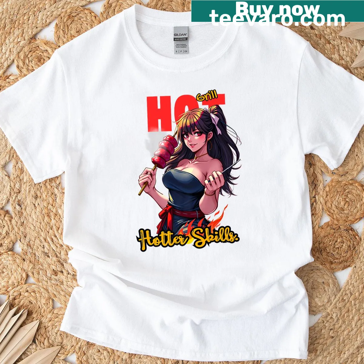 Cute anime girl grilling graphic on humorous T-shirt — on a men's t-shirt