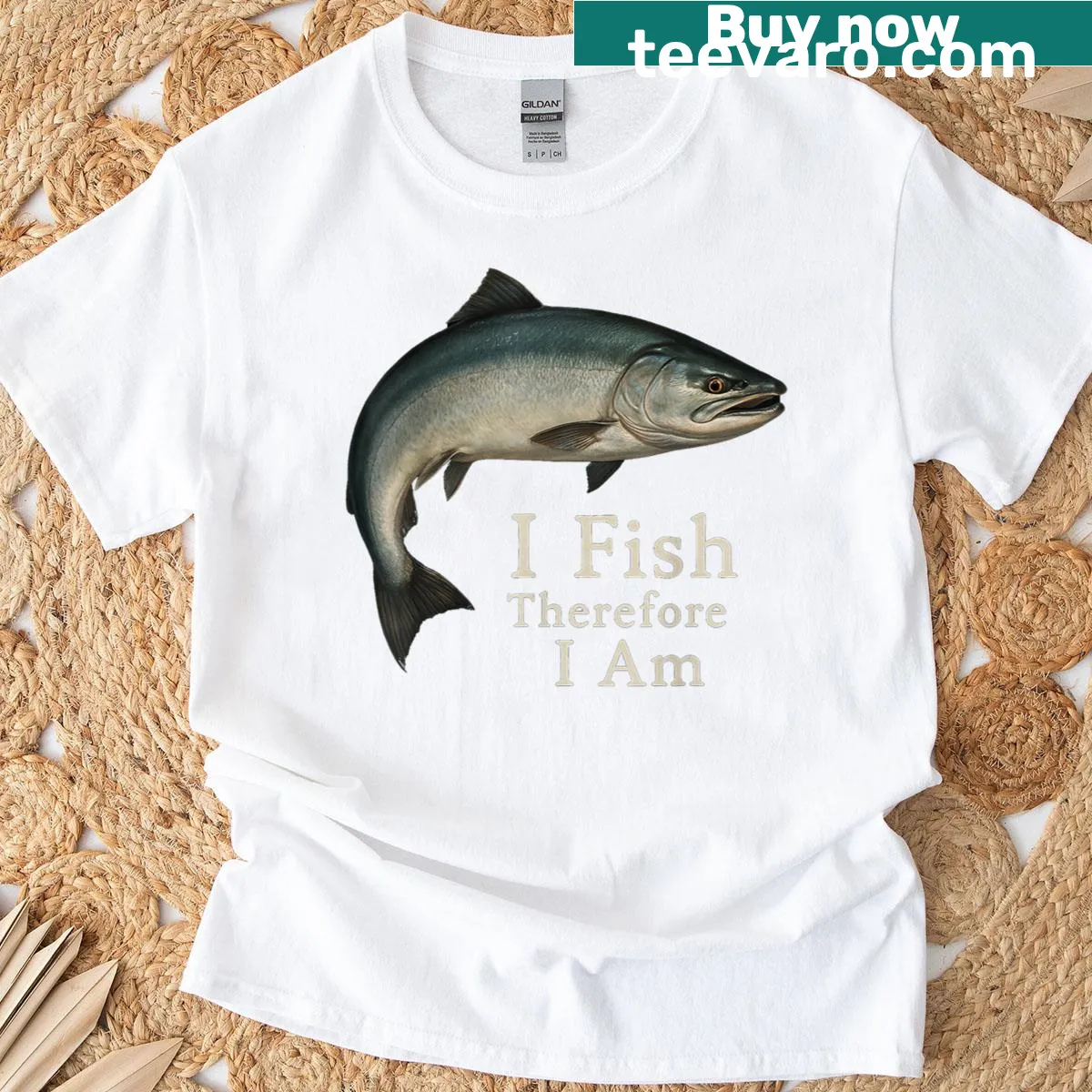 Funny fishing T-shirt with the phrase I Fish Therefore I Am — on a men's t-shirt