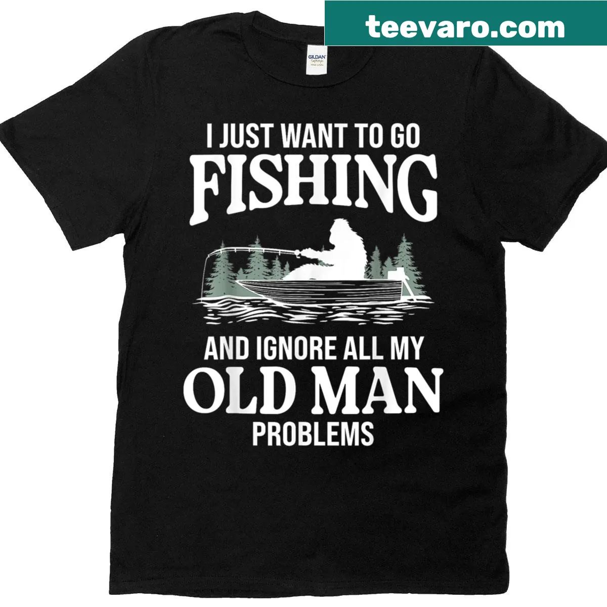 Fishing-themed t-shirt with humorous phrase about ignoring old man problems — on a men's t-shirt