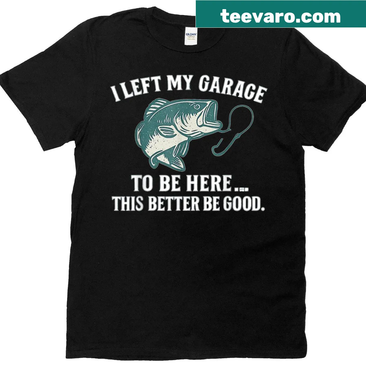 Fishing t-shirt with humorous text about leaving the garage for fishing — on a men's t-shirt