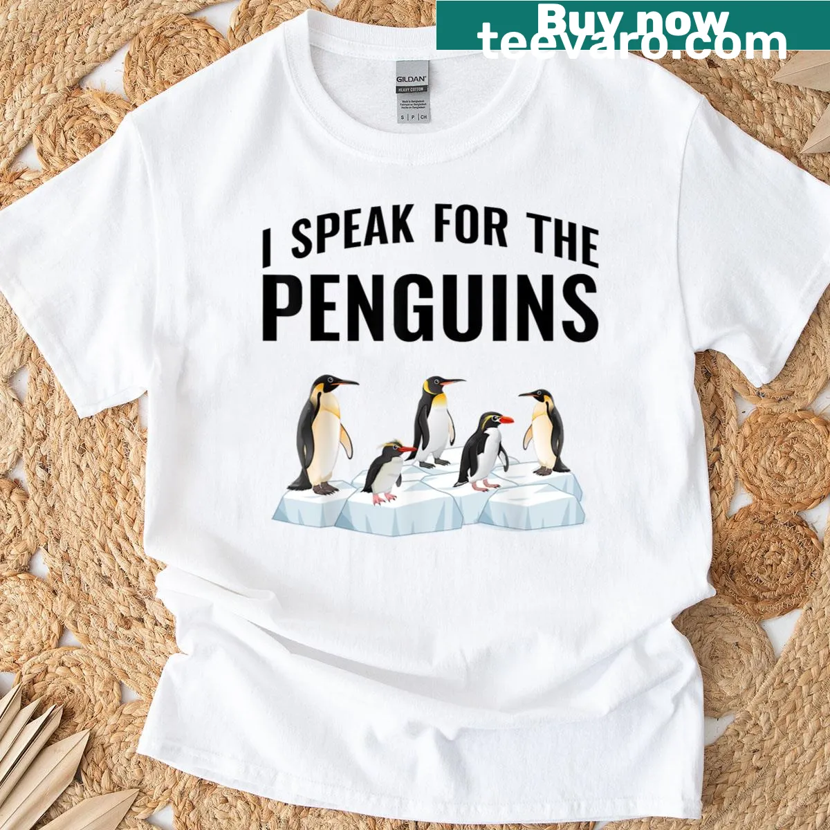 Funny T-shirt with penguins protesting tariffs — on a men's t-shirt