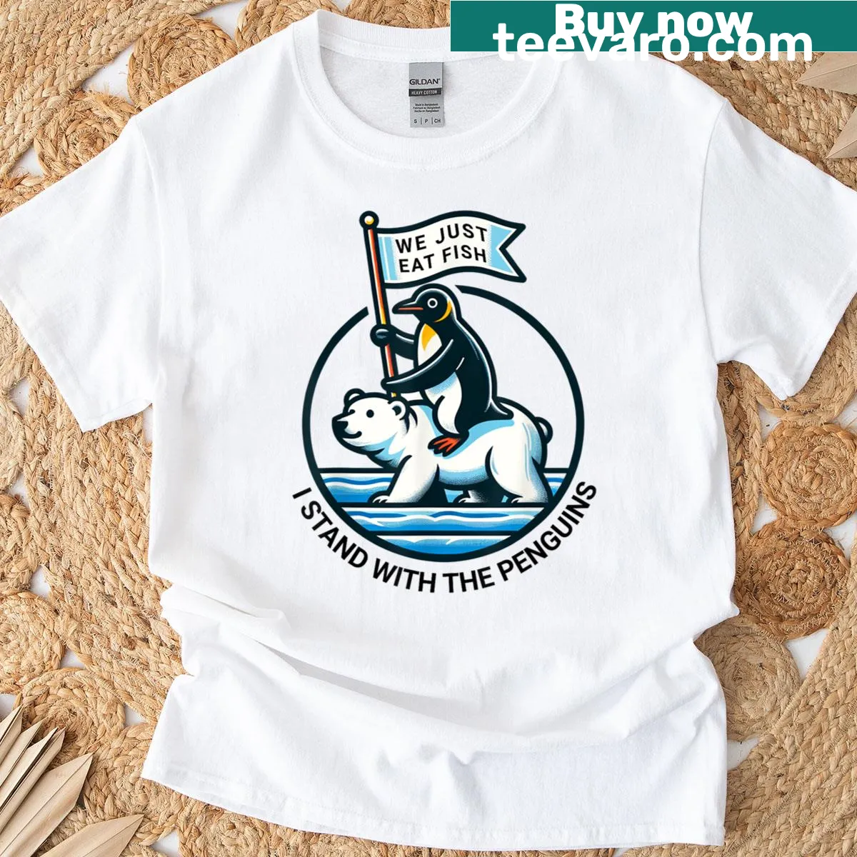 Illustration of a penguin with text 'I Stand With The Penguins Against Tariffs' — on a men's t-shirt