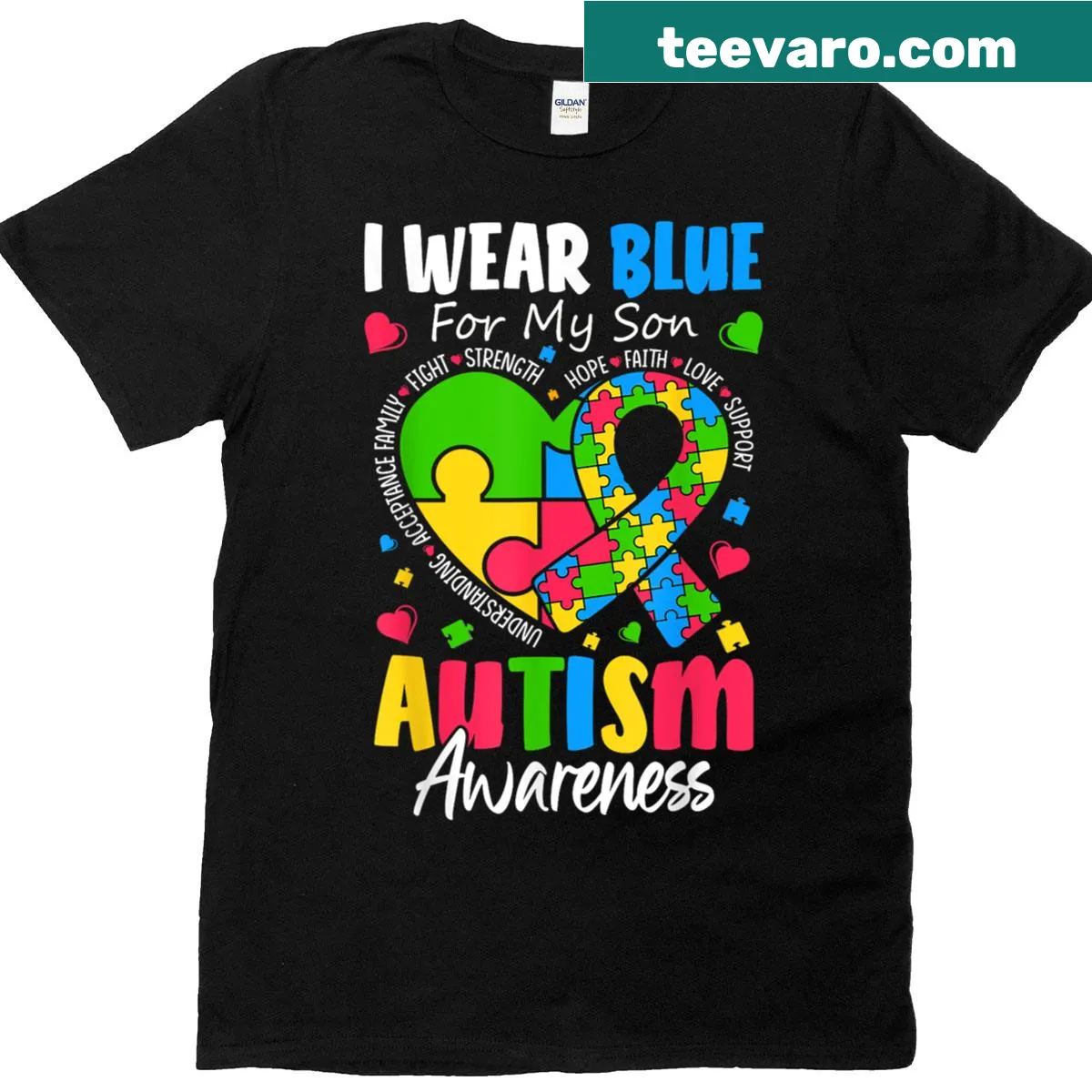 Autism awareness T-shirt with 'I Wear Blue For My Son' text — on a men's t-shirt