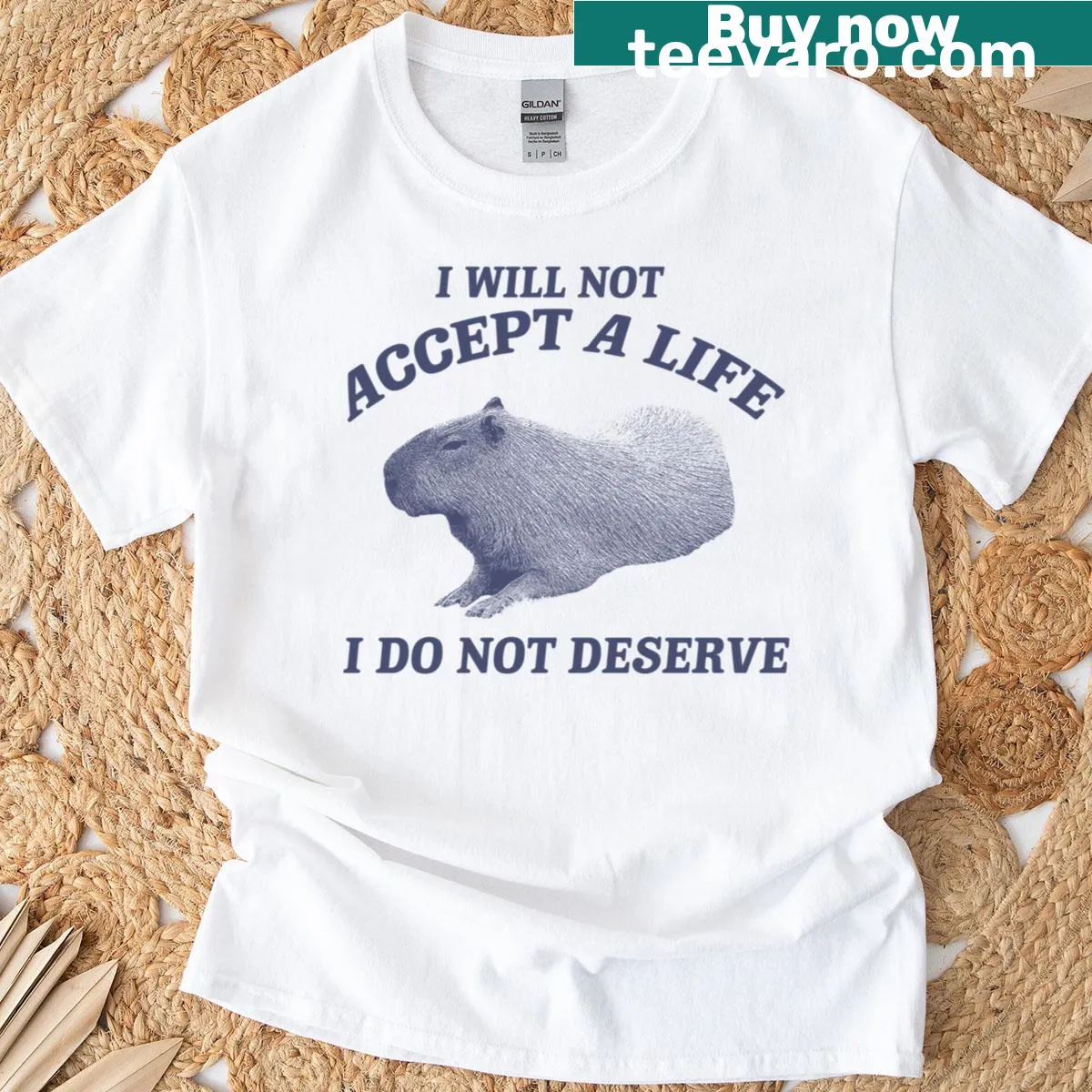 Illustrated Cowboy Capybara with the phrase I Will Not Accept A Life I Do Not Deserve — on a men's t-shirt
