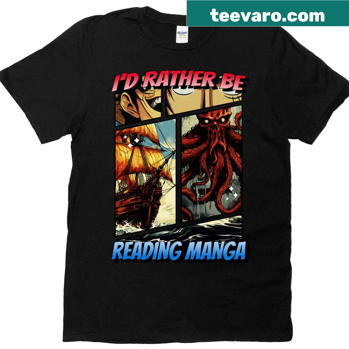 Funny manga-themed T-shirt with 'I’d Rather Be Reading Manga' text — on a men's t-shirt