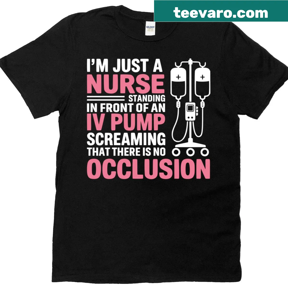 Funny nurse t-shirt with the quote about IV pumps and occlusion — on a men's t-shirt