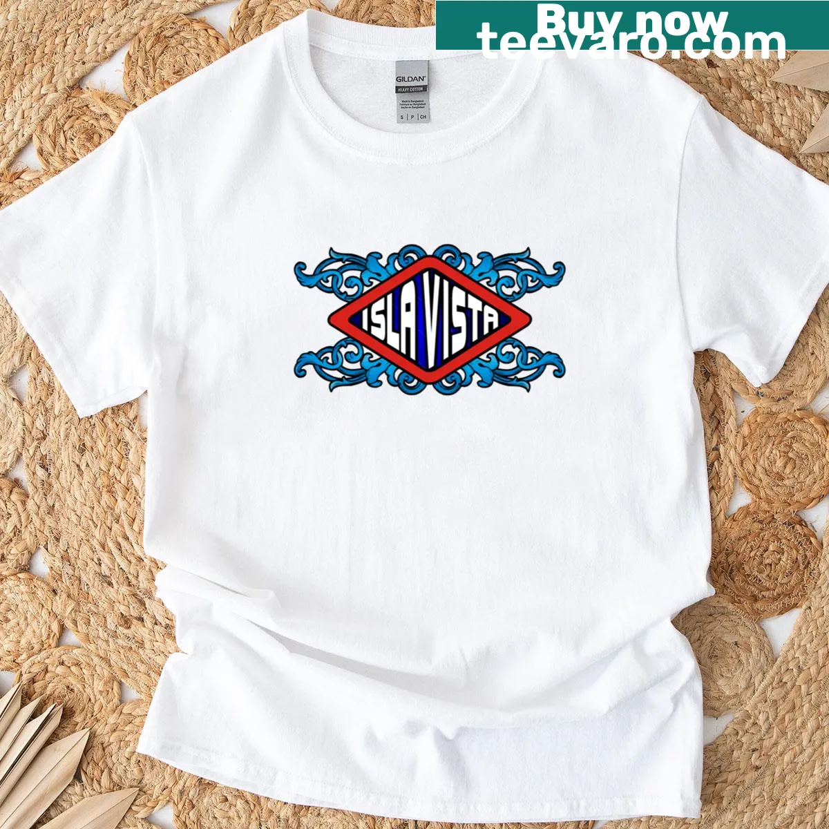 Vintage Isla Vista sign graphic t-shirt — on a men's t-shirt