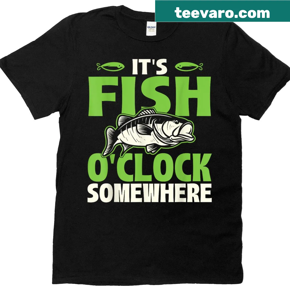 Funny fishing t-shirt with the phrase 'It's Fish O'clock Somewhere' — on a men's t-shirt
