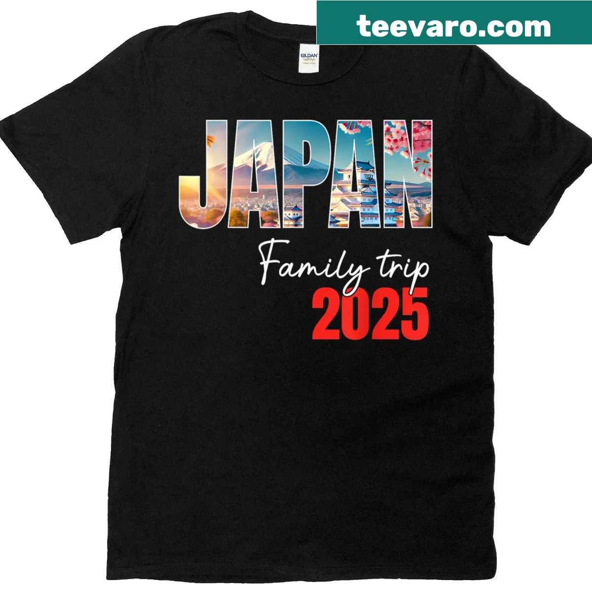 T-shirt featuring Japan trip design with cherry blossoms and landmarks — on a men's t-shirt