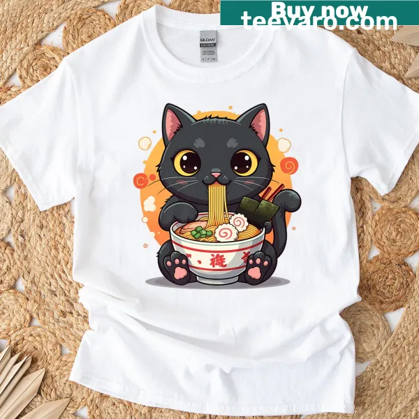 Kawaii anime cat samurai design with ramen on a premium t-shirt
