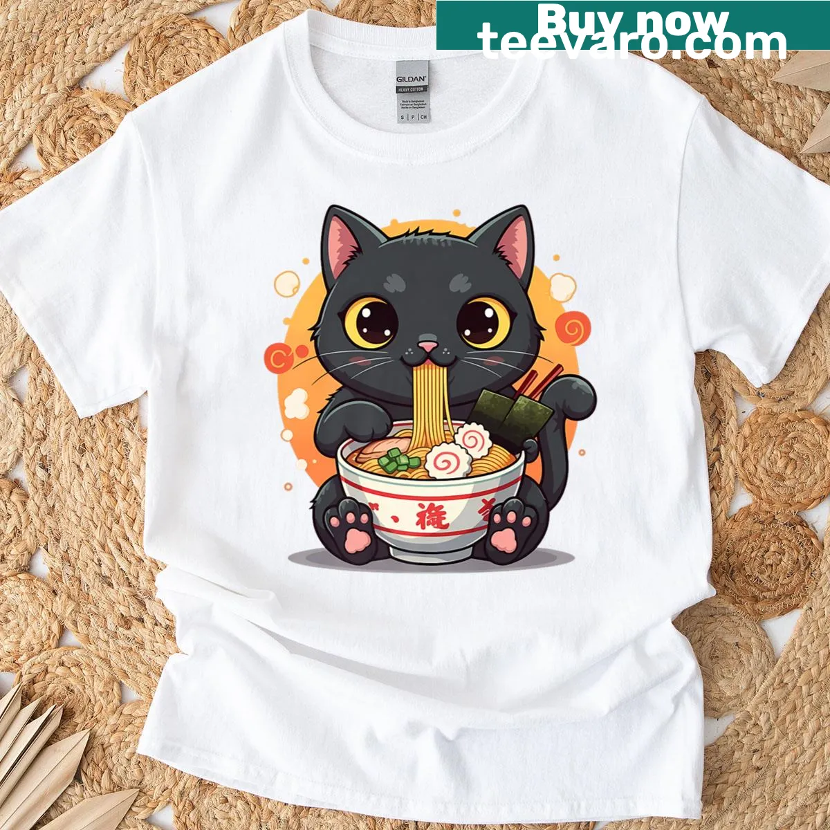 Kawaii anime cat samurai design with ramen on a premium t-shirt — on a men's t-shirt