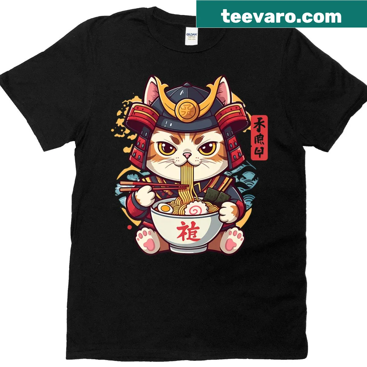 Kawaii samurai cat holding ramen graphic t-shirt — on a men's t-shirt