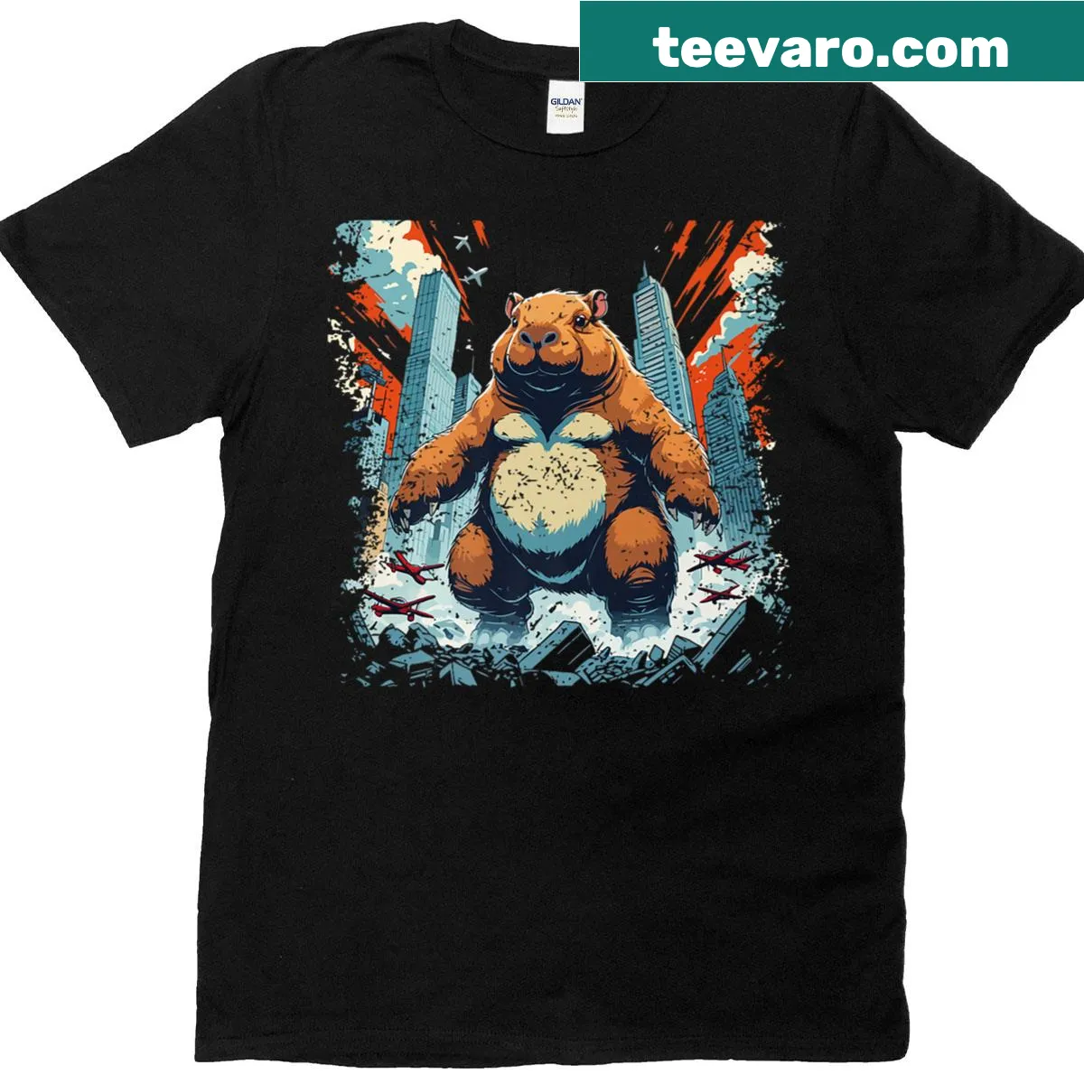Capybara illustrated as a kaiju on a premium anime-themed t-shirt — on a men's t-shirt