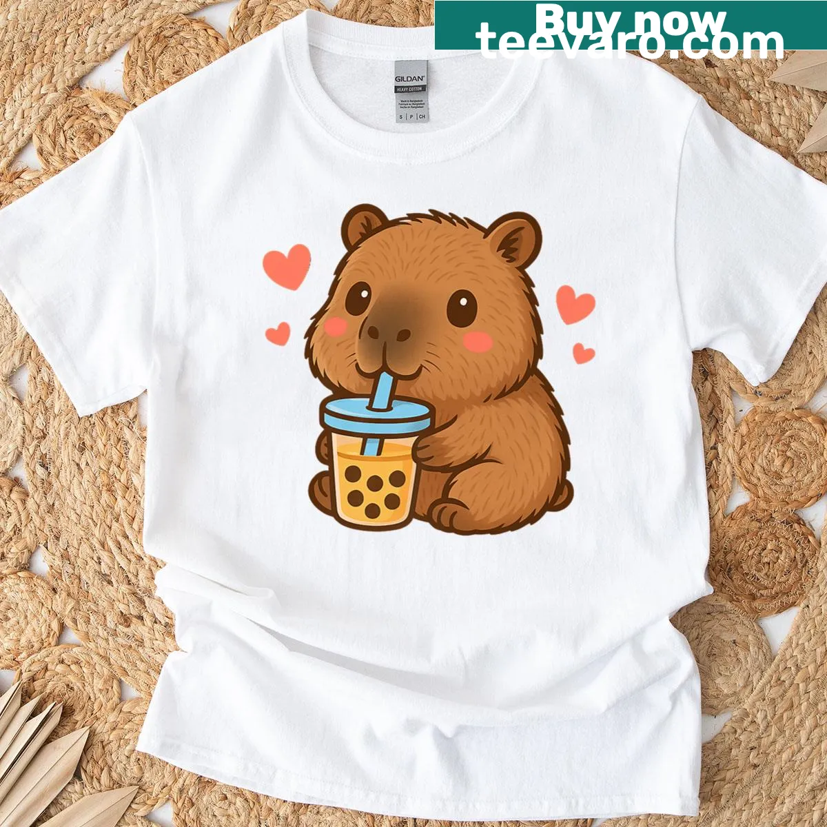 Kawaii capybara with bubble tea graphic — on a men's t-shirt