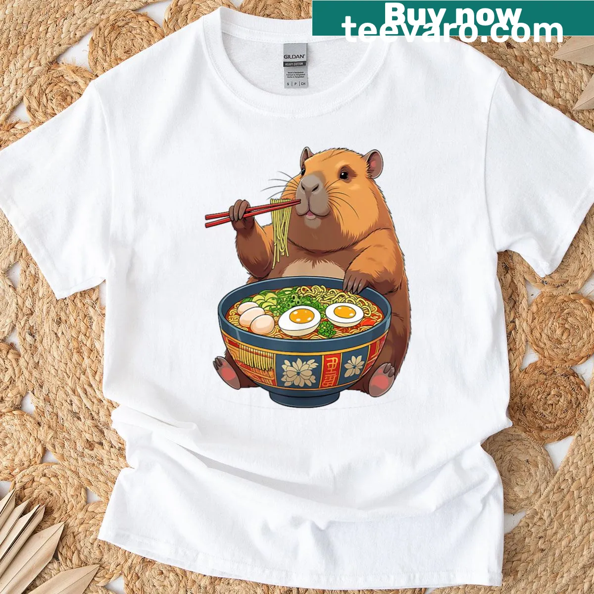 Kawaii capybara eating ramen T-shirt — on a men's t-shirt