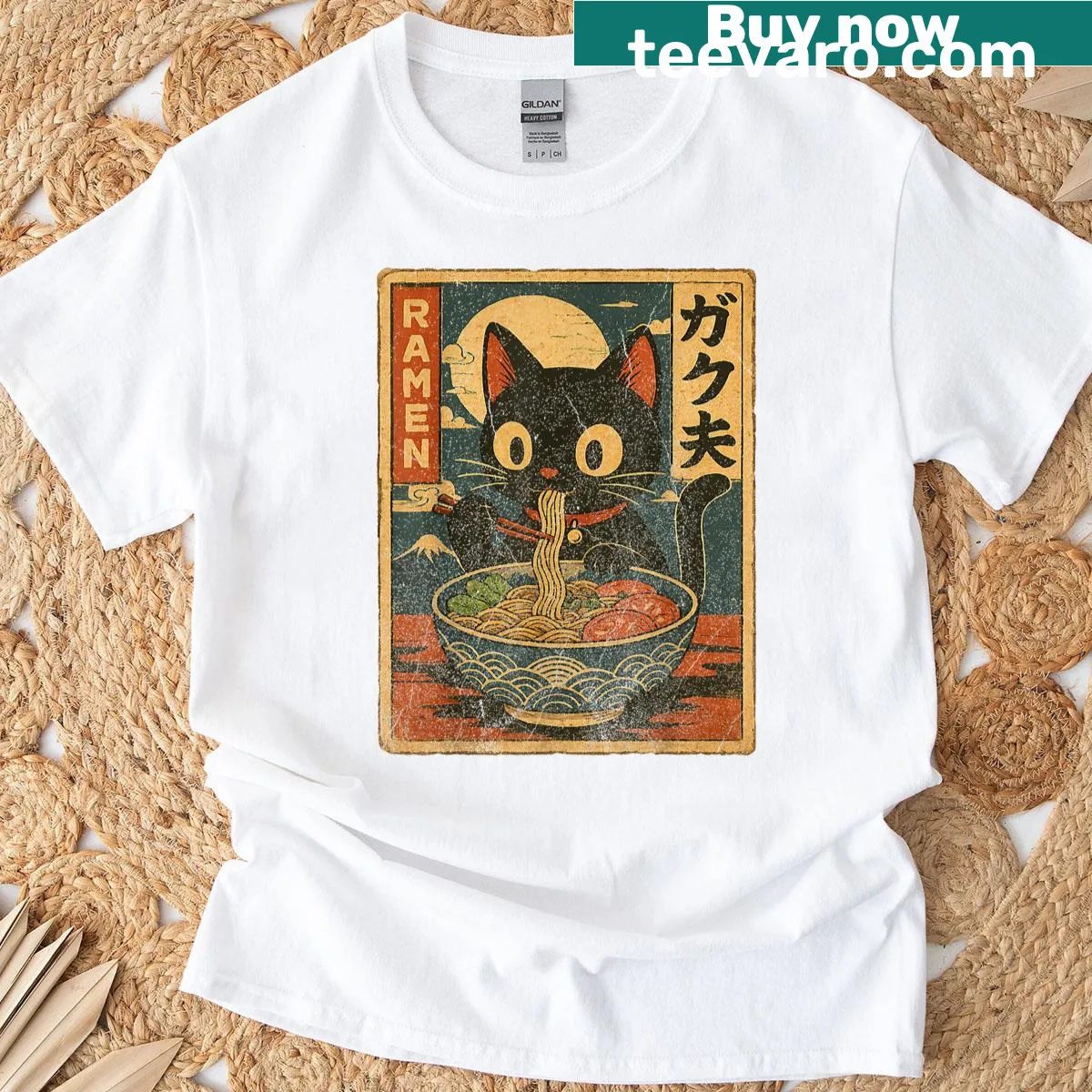 Adorable cat graphic eating ramen noodles — on a men's t-shirt