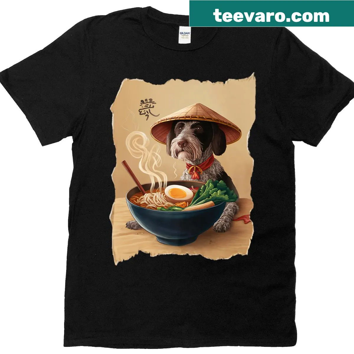 Premium t-shirt with a cute dog eating ramen — on a men's t-shirt