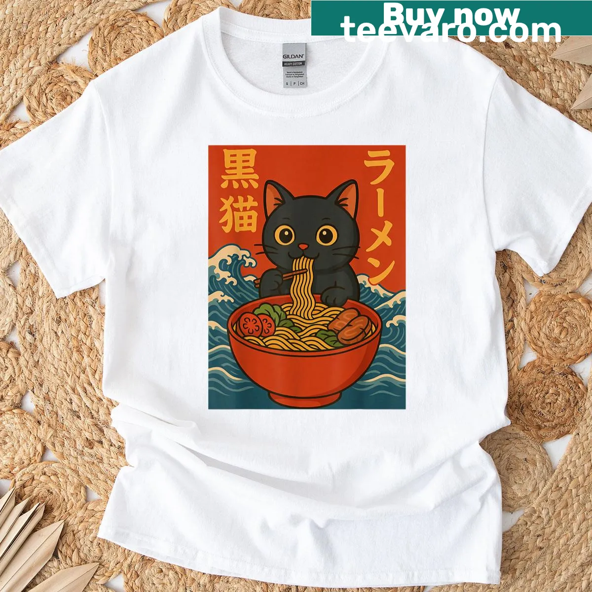 Kawaii cat enjoying ramen graphic on a cute t-shirt — on a men's t-shirt