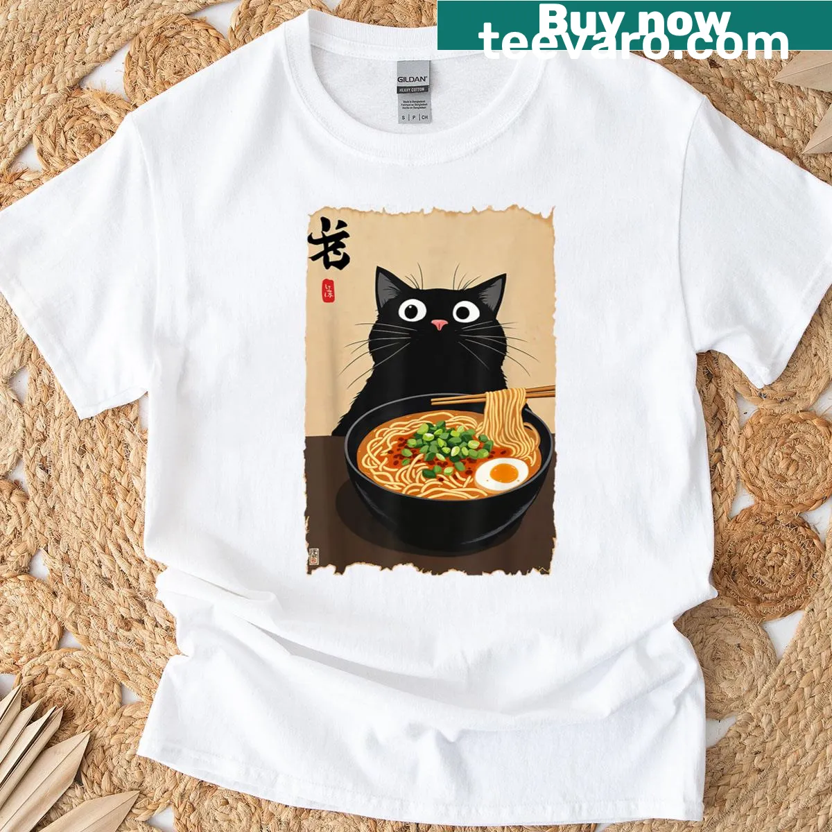 Cute graphic of a cat with ramen on a kawaii t-shirt — on a men's t-shirt
