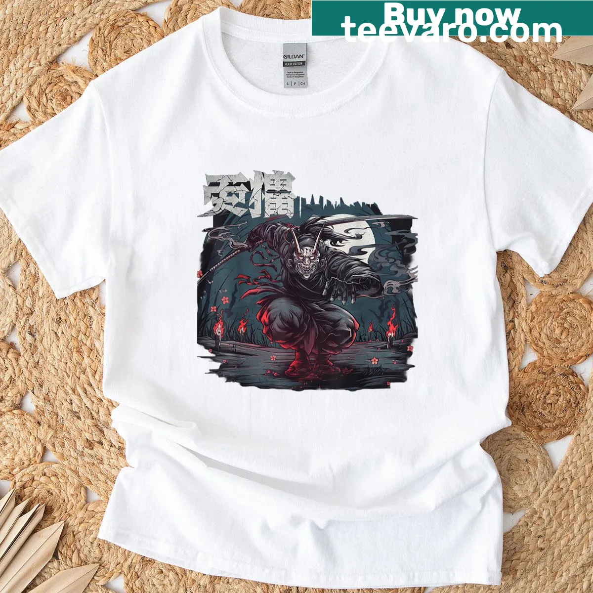 Illustrated Koga Ninja with demonic oni in a dynamic design — on a men's t-shirt