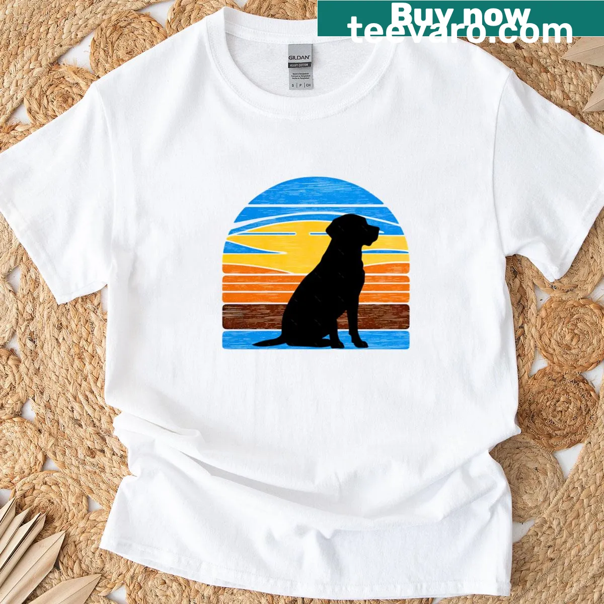 Vintage silhouette of a Labrador Retriever against a sunset — on a men's t-shirt