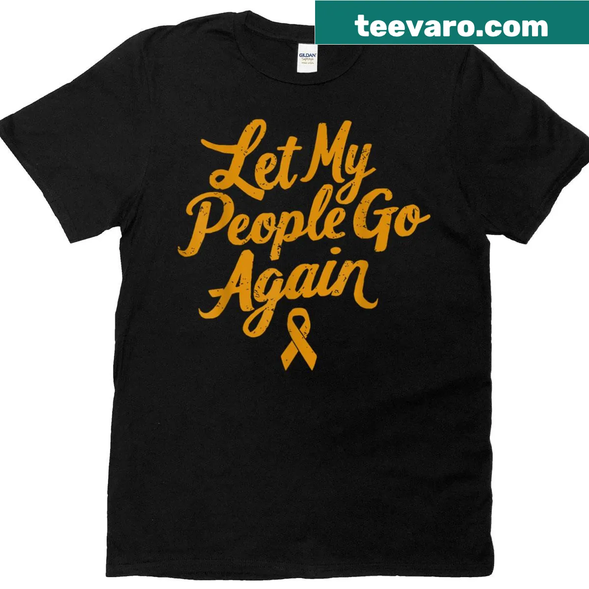 Passover t-shirt with yellow ribbon and text 'Let My People Go' — on a men's t-shirt