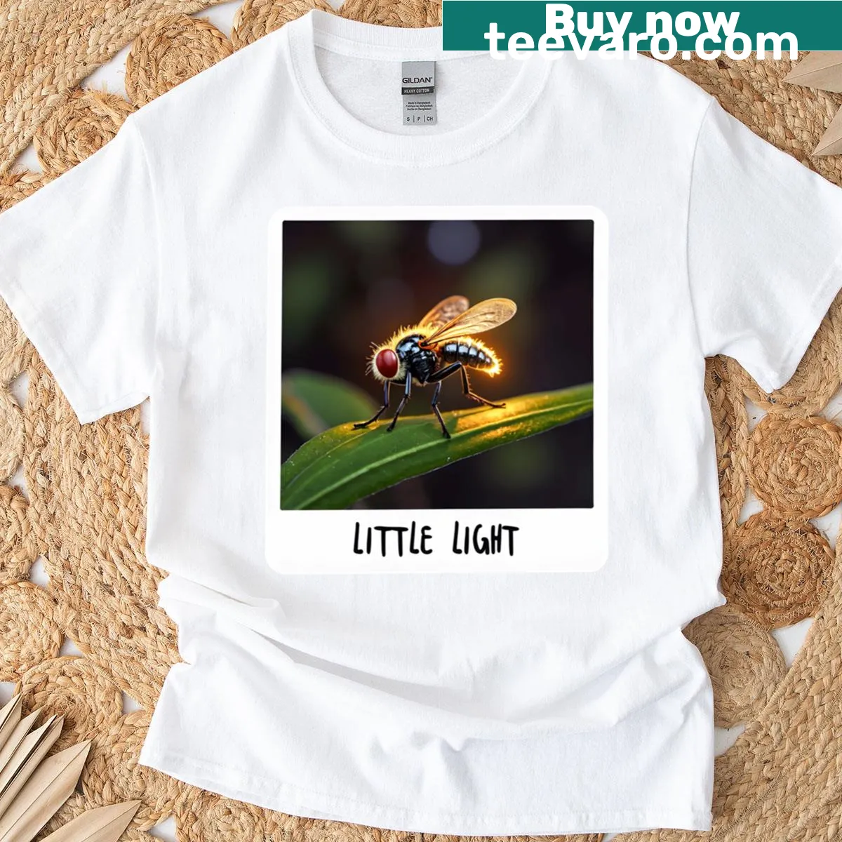 Insect macro illustration t-shirt featuring a unique illuminated fly — on a men's t-shirt