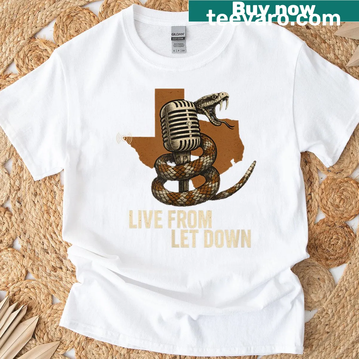 Vintage distressed Texas rattlesnake t-shirt with microphone design — on a men's t-shirt