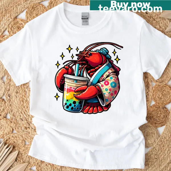 Kawaii lobster character holding bubble tea on a T-shirt