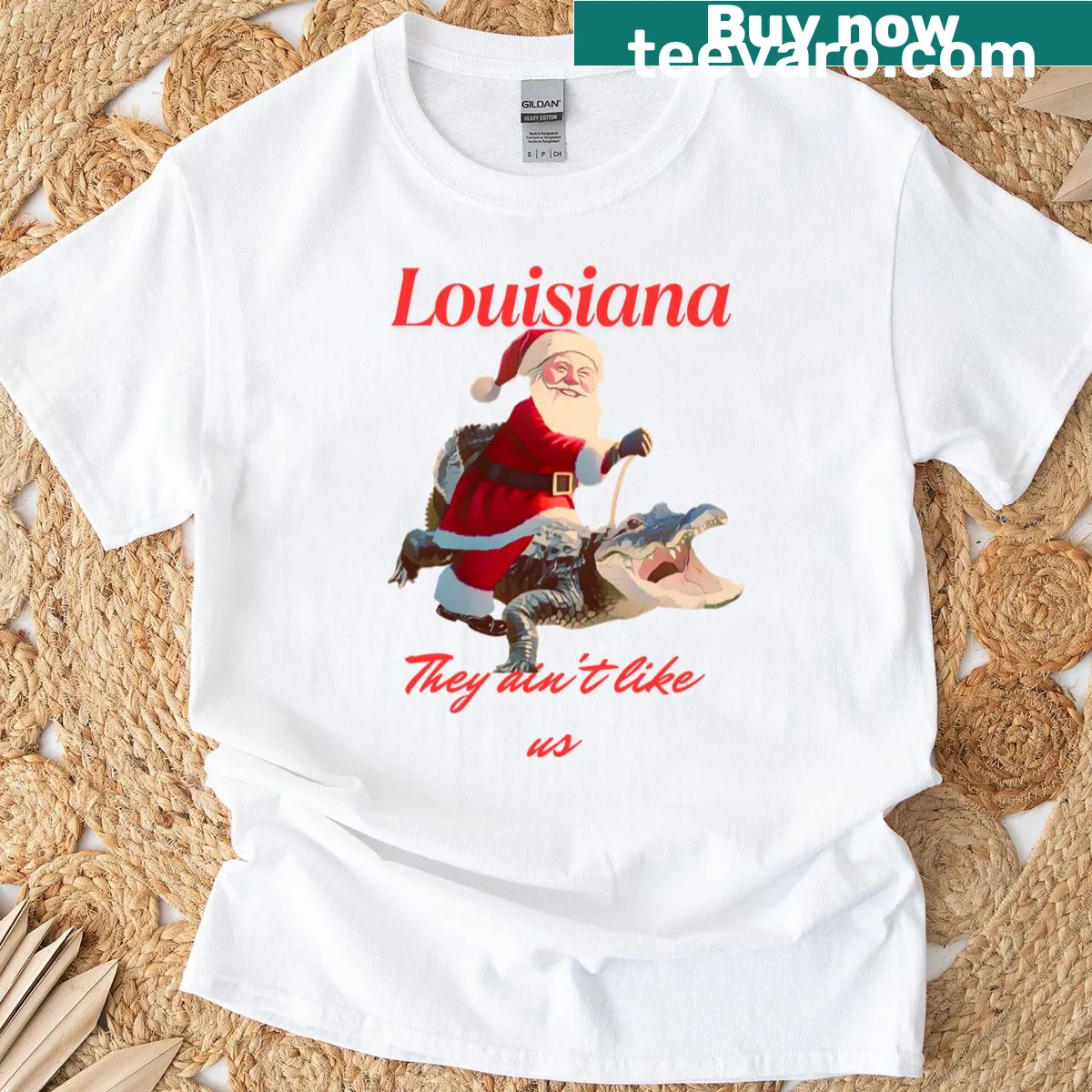 Humorous t-shirt with Santa riding an alligator for Louisiana — on a men's t-shirt