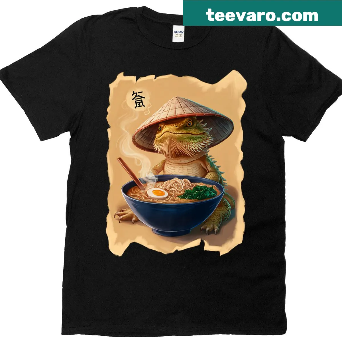 Kawaii cartoon T-shirt with a bearded dragon and ramen — on a men's t-shirt