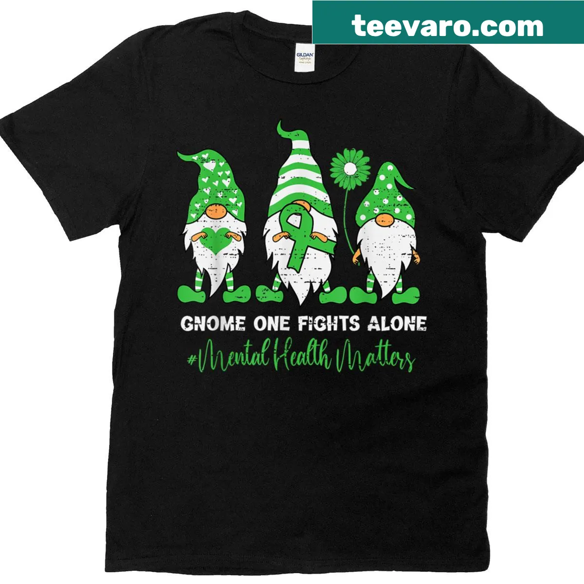 Illustrative gnome holding green ribbon for mental health awareness — on a men's t-shirt
