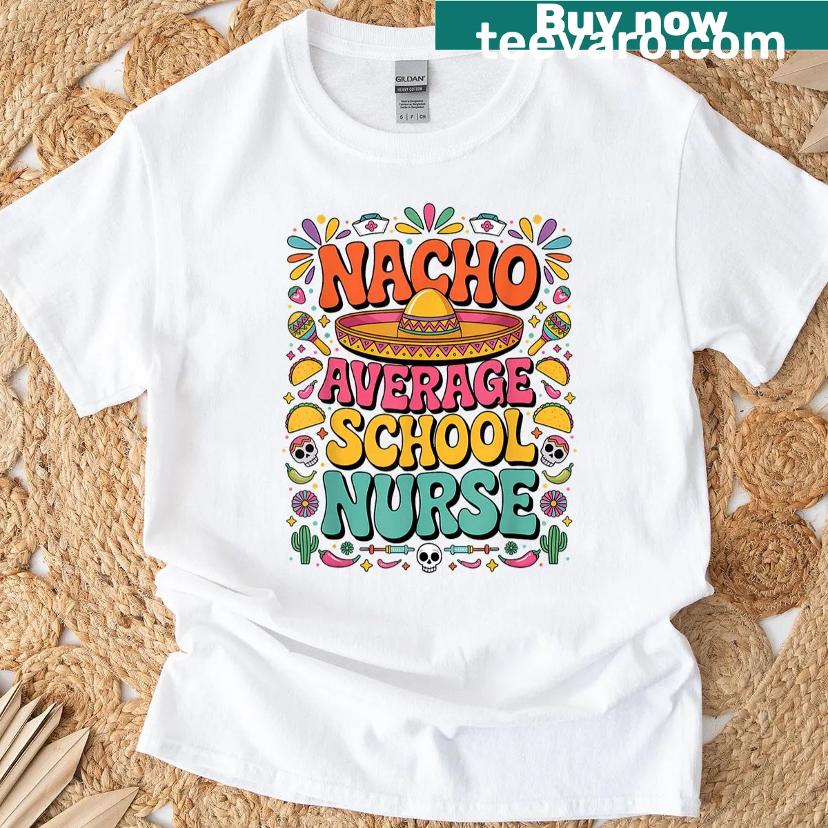 T-shirt featuring 'Nacho Average School Nurse' for Cinco de Mayo — on a men's t-shirt