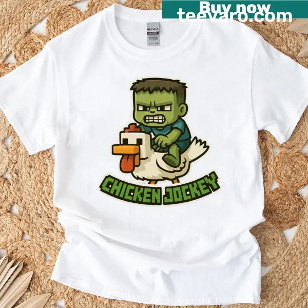 Cartoon-style Minecraft Chicken Jockey graphic on T-shirt