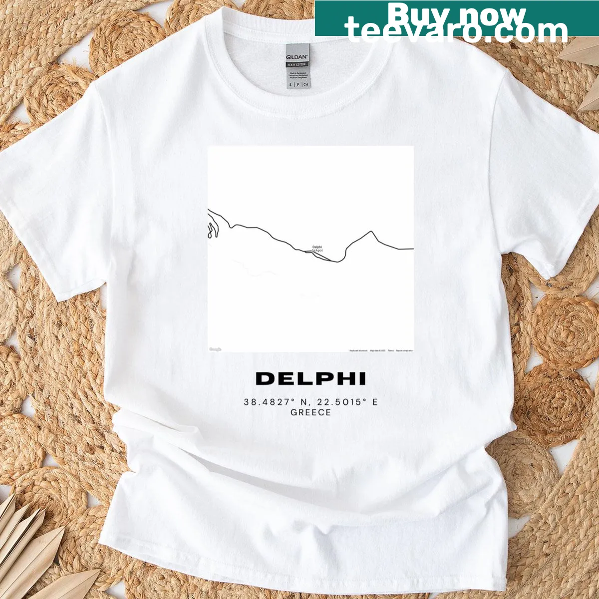 Minimalist T-shirt featuring a black and white map of Delphi, Greece — on a men's t-shirt