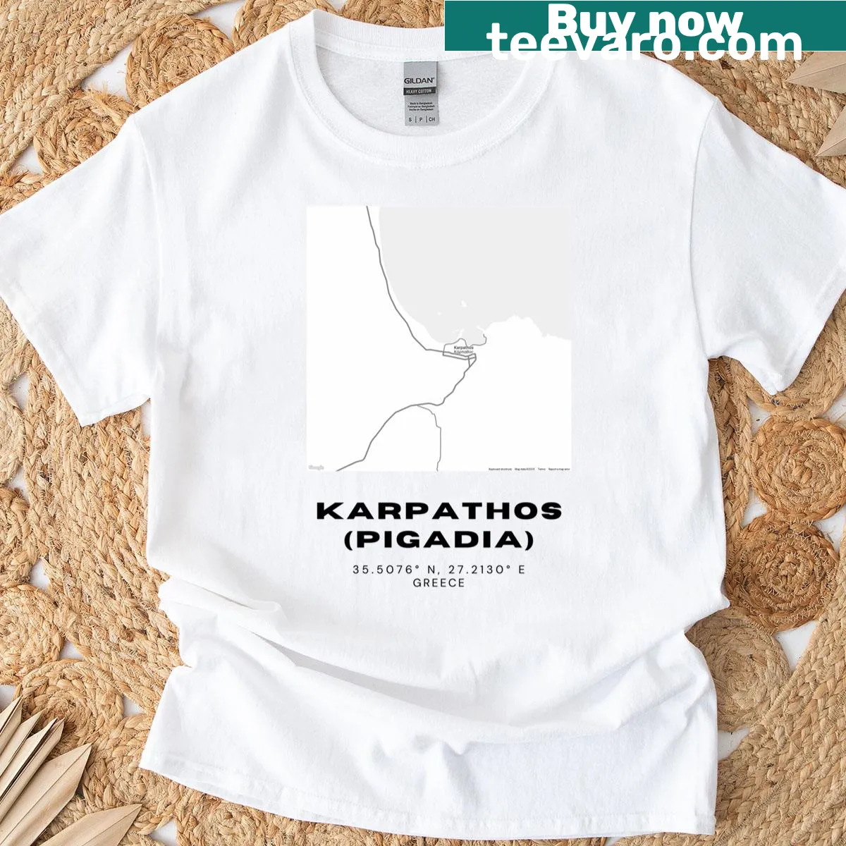 Minimalist black and white silhouette city map of Karpathos Pigadia, Greece — on a men's t-shirt