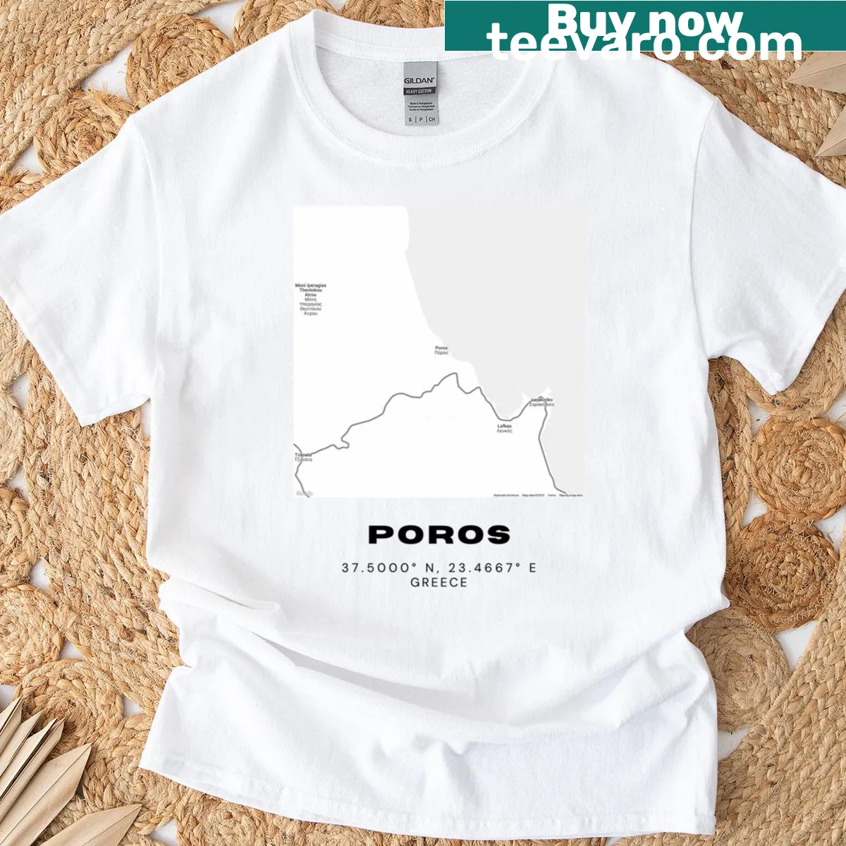 Minimalist black and white silhouette city map of Poros, Greece — on a men's t-shirt