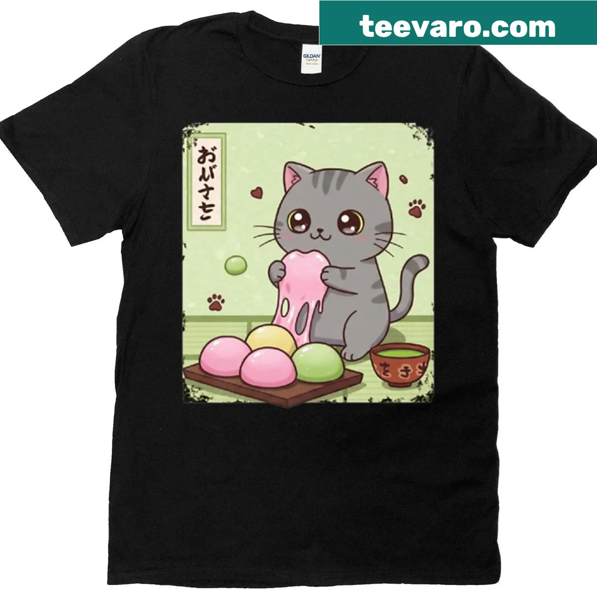 Kawaii mochi cat graphic T-shirt featuring dessert art — on a men's t-shirt
