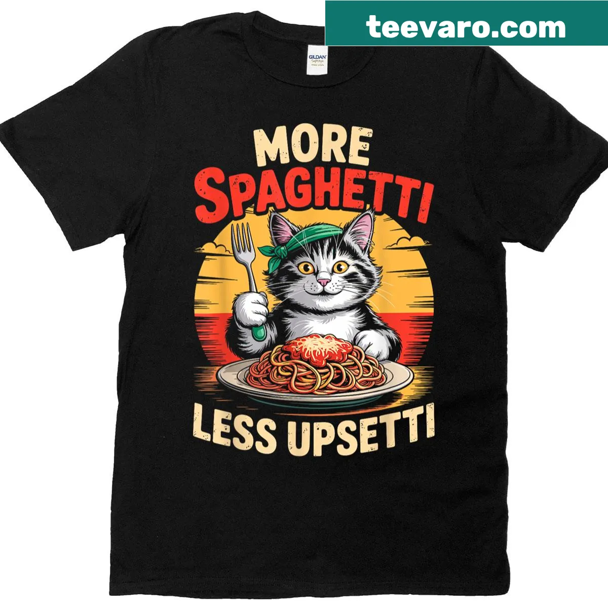 Vintage-style cat and spaghetti humor graphic t-shirt — on a men's t-shirt